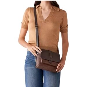 Fossil Kinley Crossbody Flap Brown Caramel Leather Purse Bag with Brass Hardware